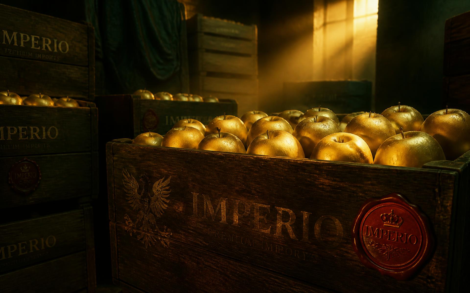 Wooden crates of golden apples stamped with the Imperio wax seal