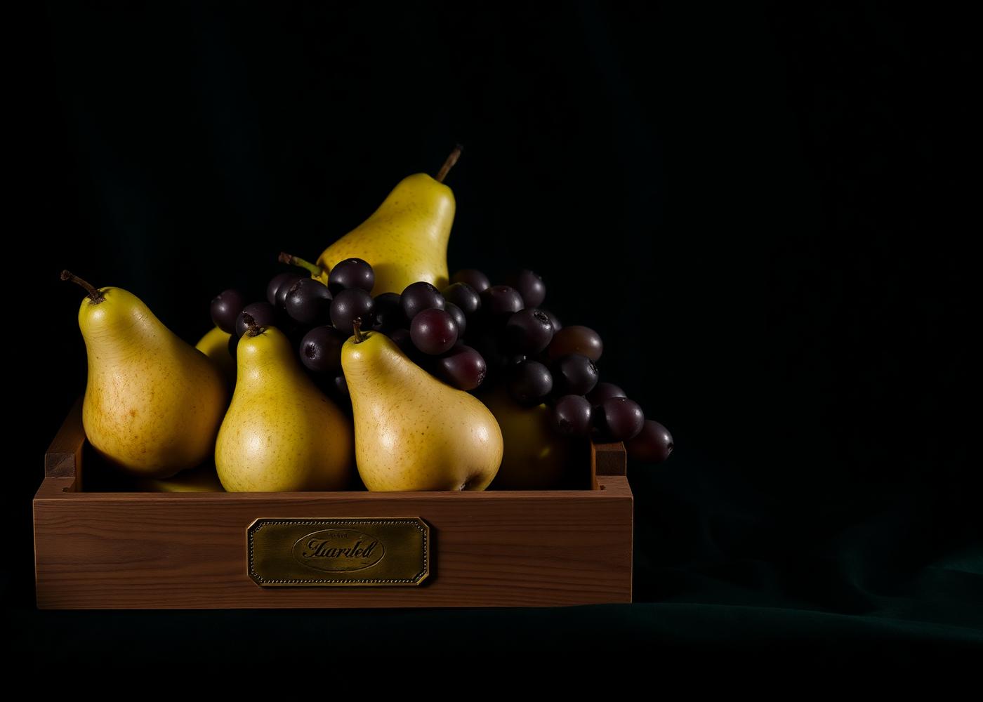 Still life of pears and grapes in a wooden crate