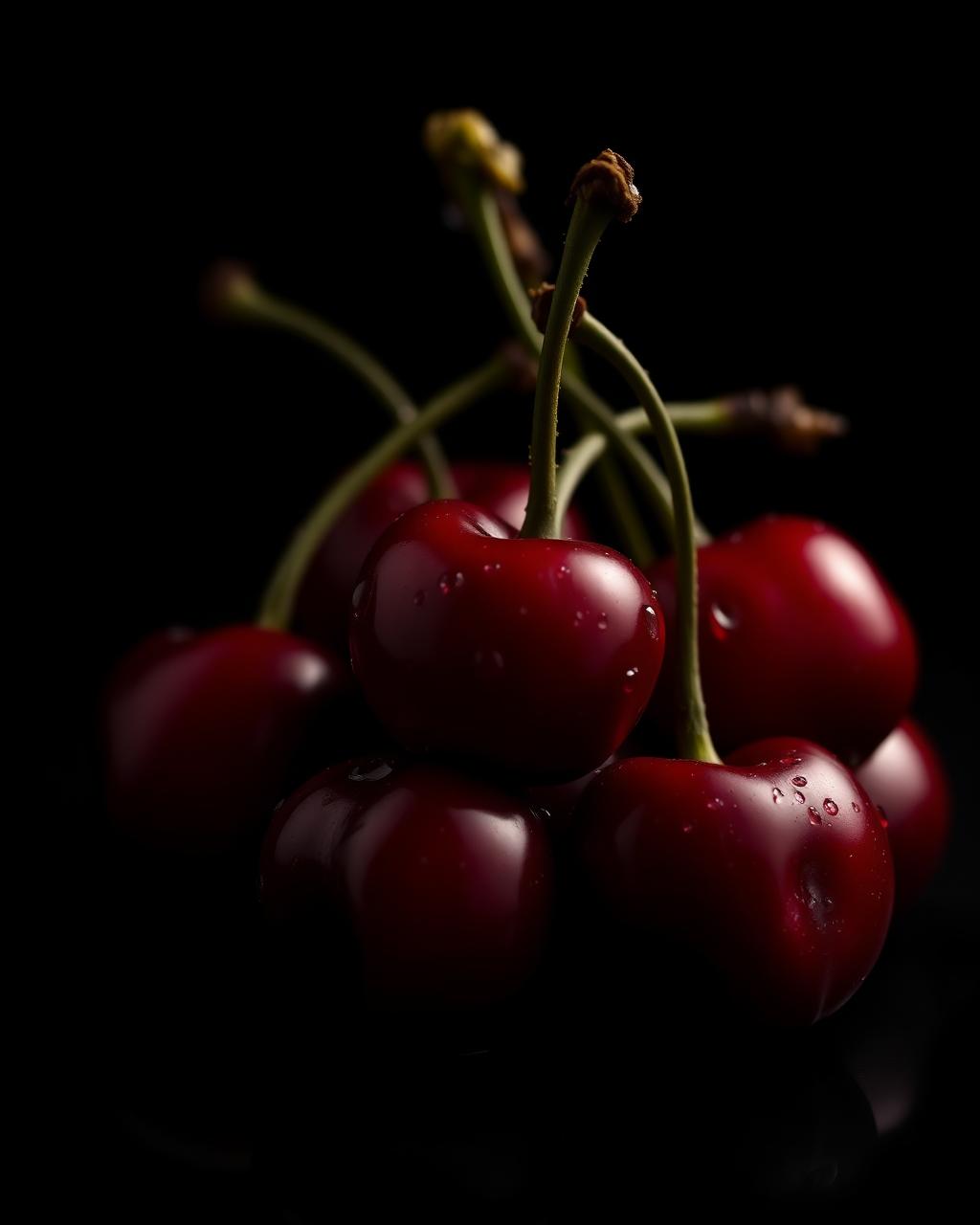 Cherries with water droplets on a dark background